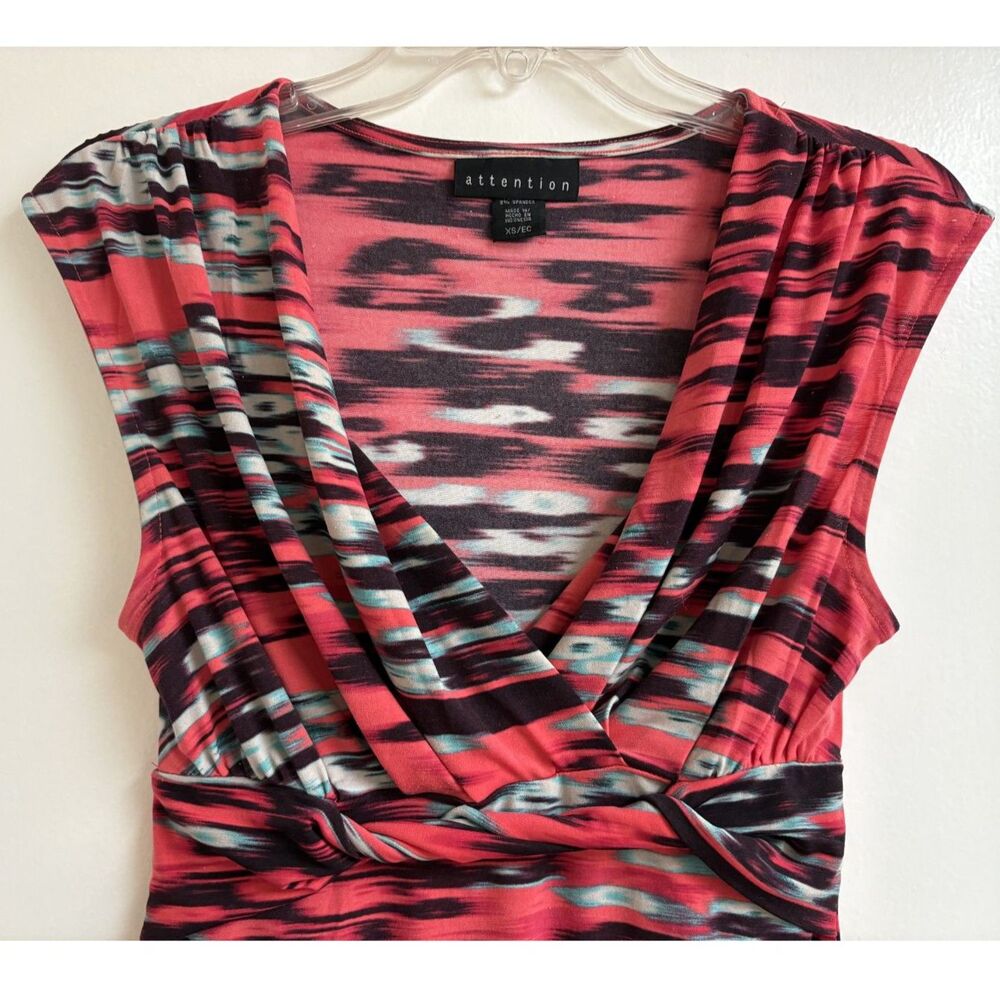 Attention Y2K Ikat Babydoll Sleeveless Top Red Purple Slinky Ruched V Neck Small - Picture 3 of 7
